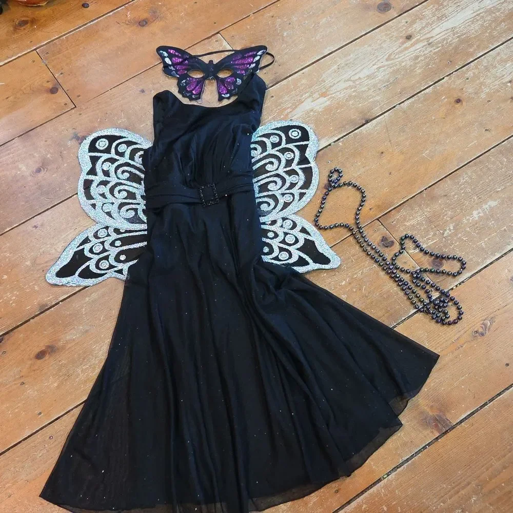 Elegant Black Butterfly Costume. Adult Size 8 Black DressPlus Wings, Mask, Beads